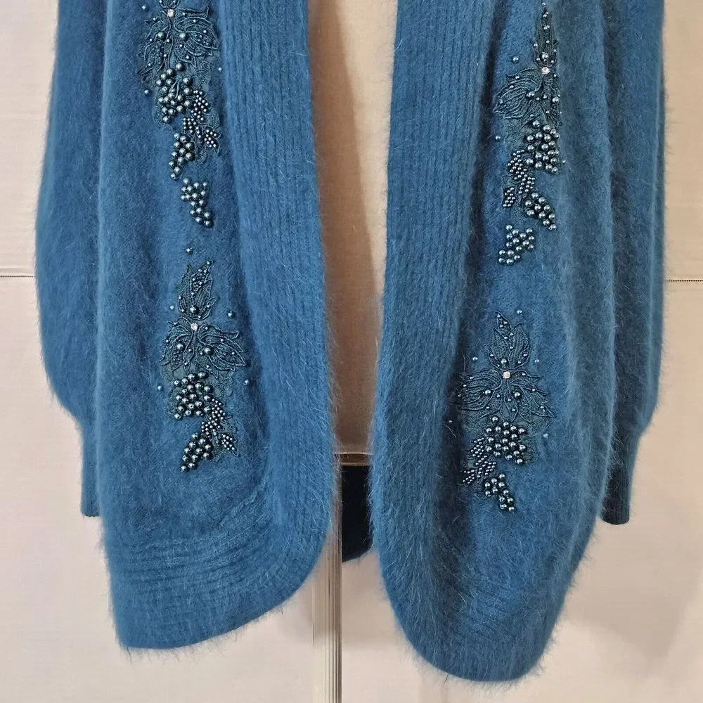 Jamie Teal Blue Angora Open-Front Long-sleeve Cardigan/Sweater Medium - Picture 15 of 16